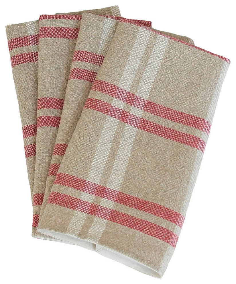 Natural Linen Check Tea Towels, 14"x22", Set of 4
