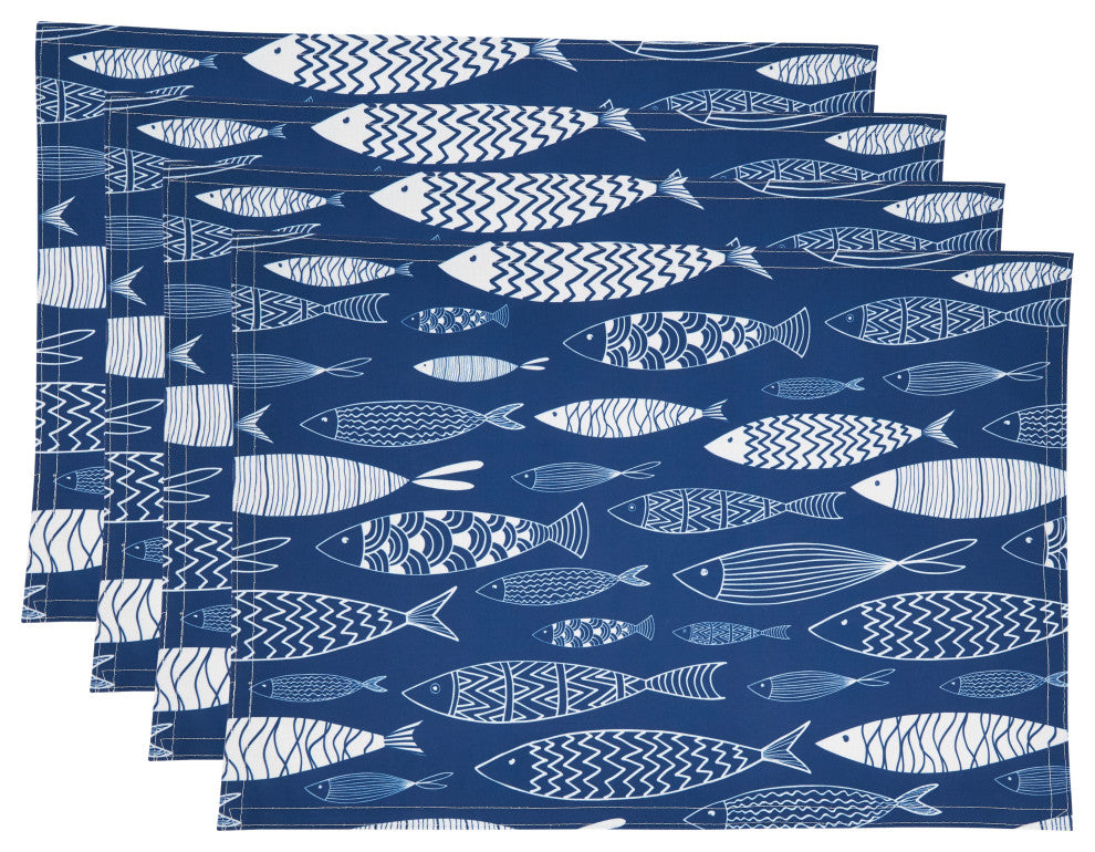 Fish Design Table Mats (Set of 4), Navy Blue, 14"x20"