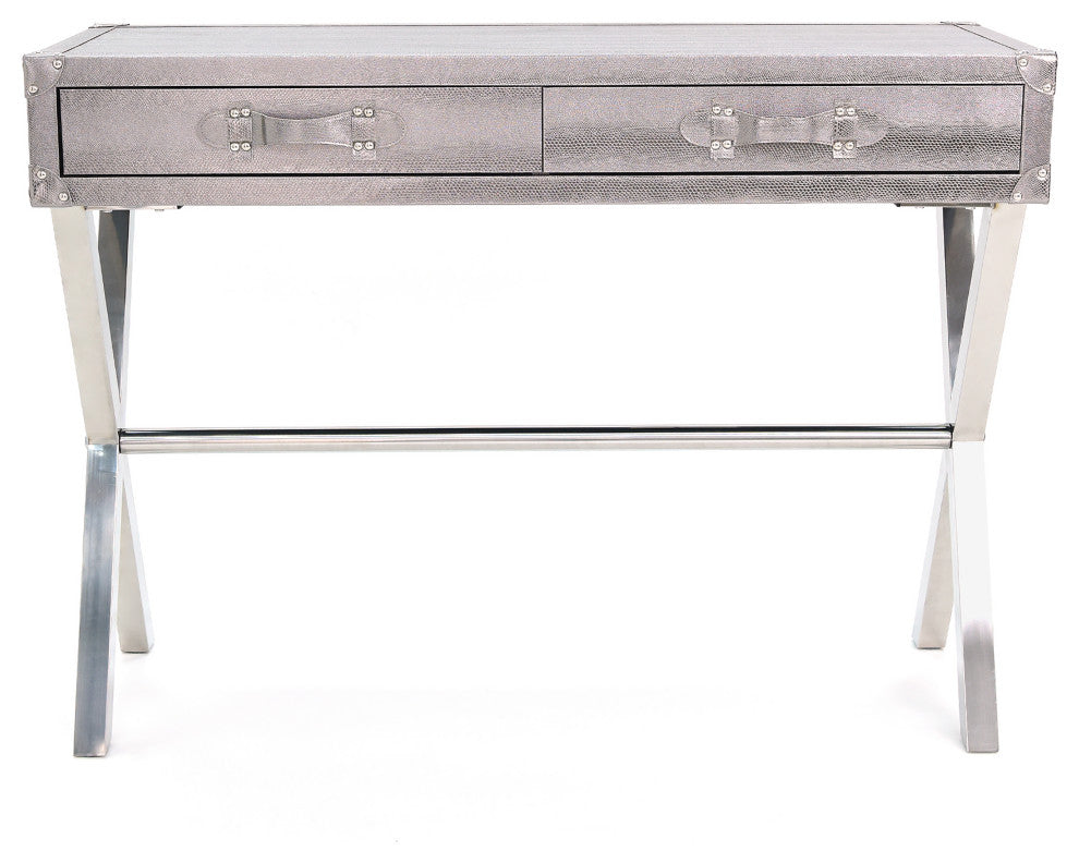 Silver Lizard Leather Console Table With Stainless Steel Legs