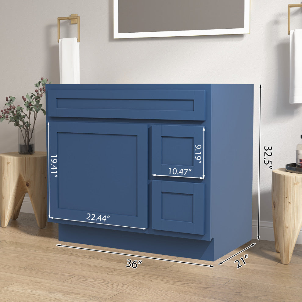 Vanity Art Vanity Base Cabinet, No Top, Drawers on Right, 36", Blue