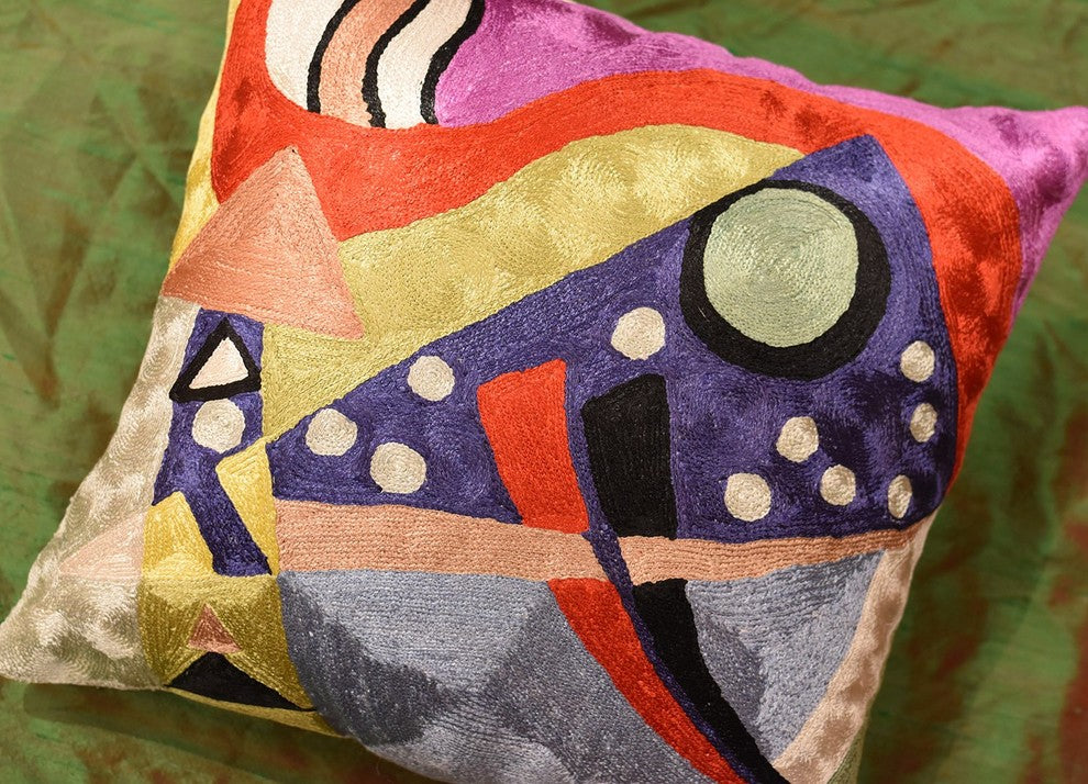Kandinsky Abstract II Navy Purple Accent Pillow Cover Handmade Art Silk 18x18"