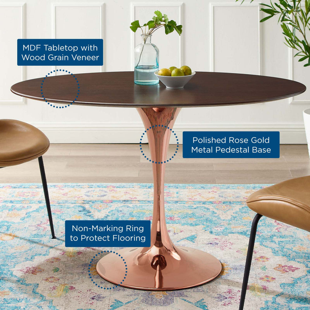 Dining Table, Oval, Wood, Rose Gold Dark Brown Brown Walnut, Modern, Cafe Bistro