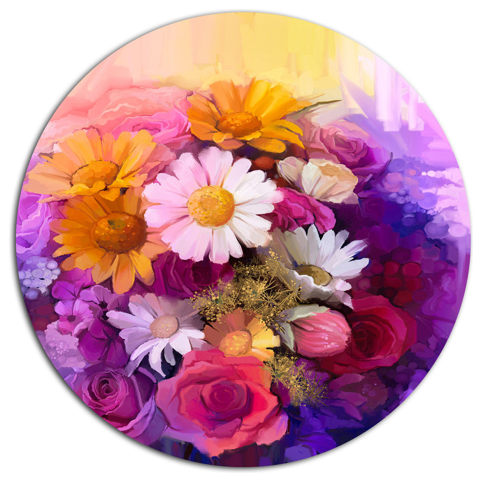 Colorful Bouquet Of Different Flowers, Flower Disc Metal Artwork, 11"