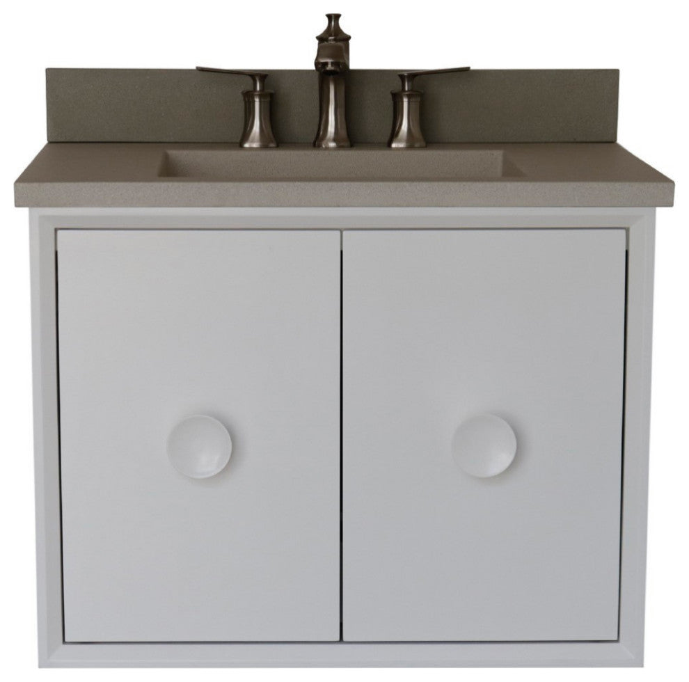 31" Single Vanity, White Finish With White Concrete Top And Rectangle Sink