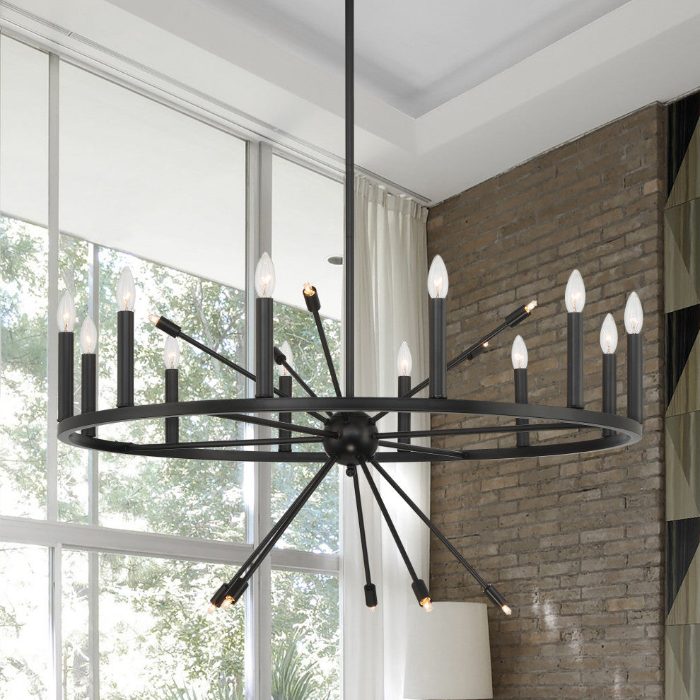 22-Light Candle Style Wagon Wheel Chandelier, Classic Black