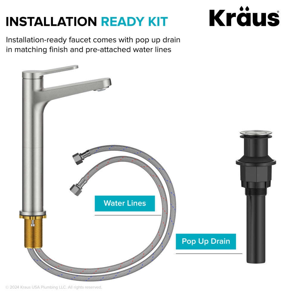 KRAUS Indy Single Handle Vessel Bathroom Faucet Spot Free BN, Pop Up Drain