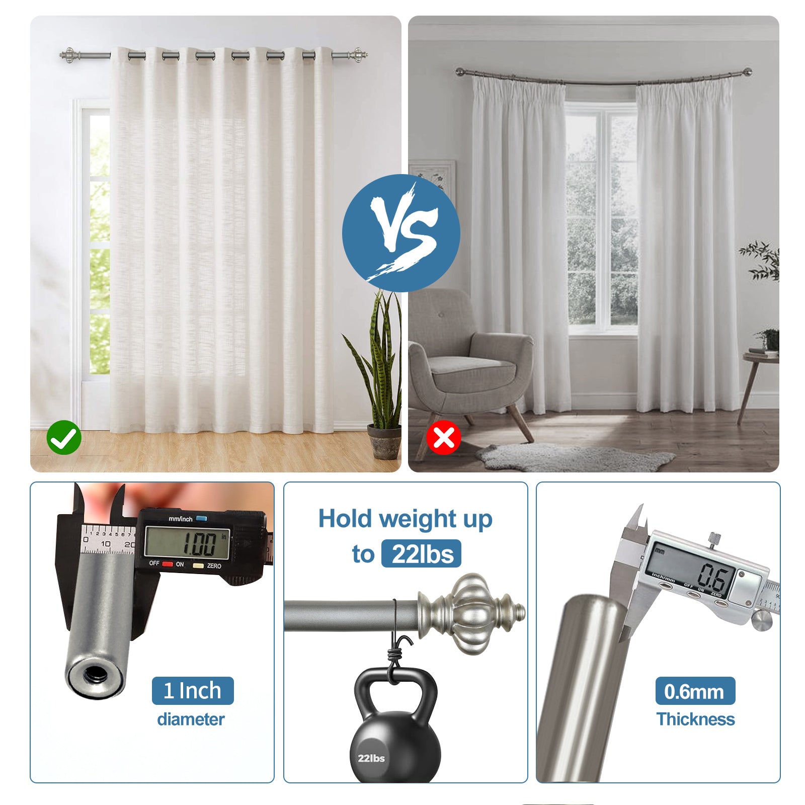 1" Diameter Regina Curtain Rod, 48"-84", Pewter