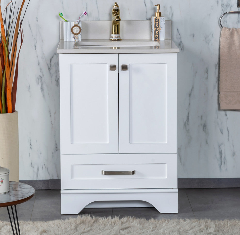 Livia Collection 24" Bath Vanity Quartz Top and Ceramic Sink, White, 24"