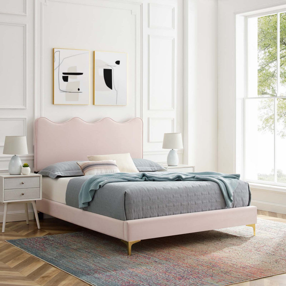 Platform Bed Frame, King Size, Pink, Velvet, Modern, Bedroom Master Guest Suite