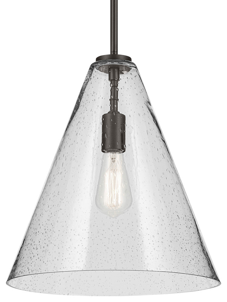 Everly 15.5" 1-Light Cone Pendant With Clear Seeded Glass, Olde Bronze
