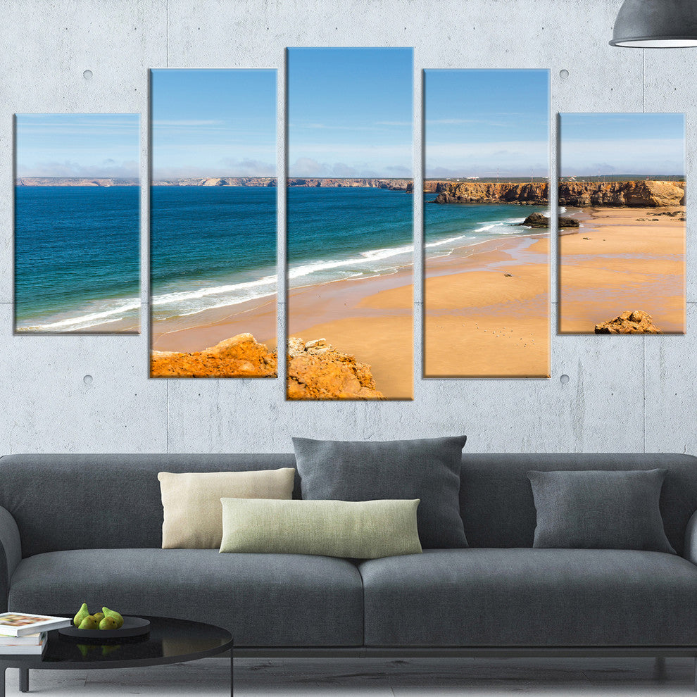 "Serene Rocky Bay Portugal" Seashore Canvas Art, 60"x32", 5-Panels