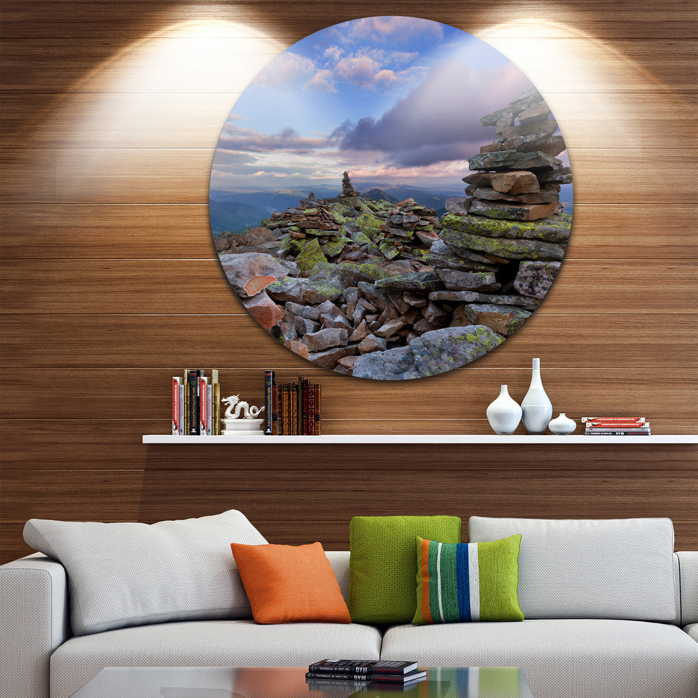 Piled Stones In Summer Mountains, Landscape Disc Metal Wall Art, 11"