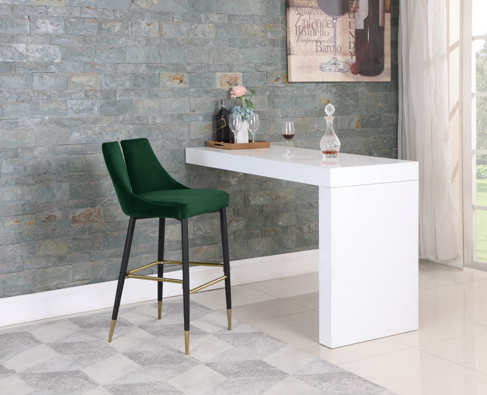 Sleek Velvet Upholstered Bar Stools With Matte Black Metal Legs, Set of 2, Green