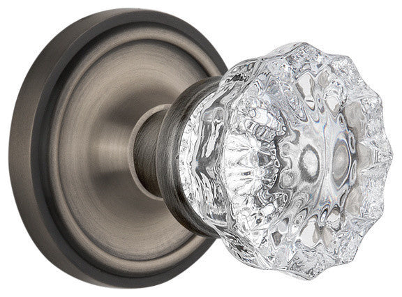 Classic Rosette Passage Crystal Glass Knob, Antique Pewter
