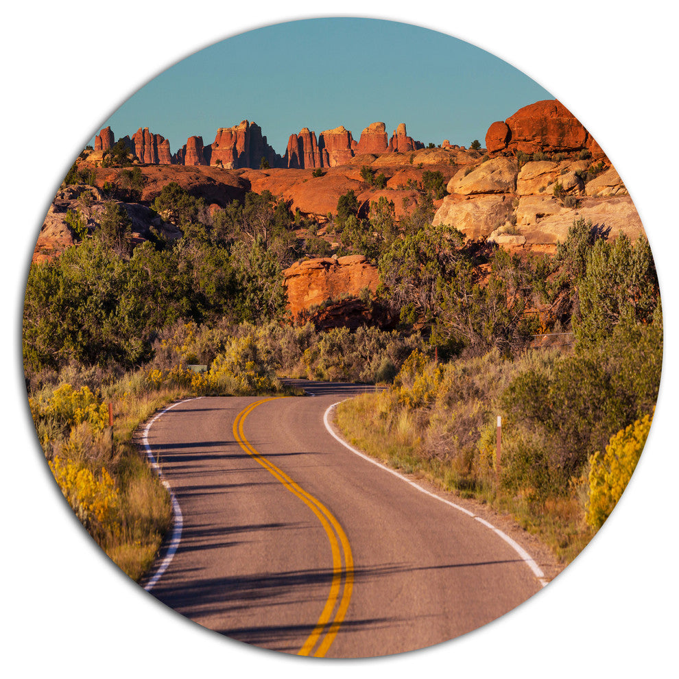 Road In Rocky American Prairie, Landscape Round Metal Wall Art, 11"
