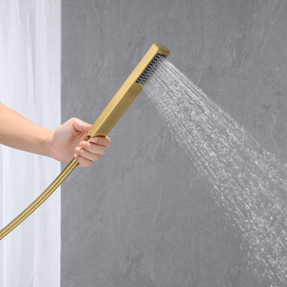 Single Handle Floor Mounted Freestanding Tub Filler with Hand Shower, Brushed Go