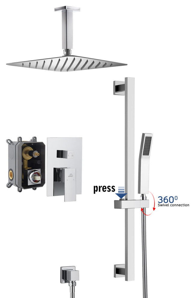 CASAINC 10" Ceiling Mounted Shower System Set w Sliding Handheld Rod, Chrome