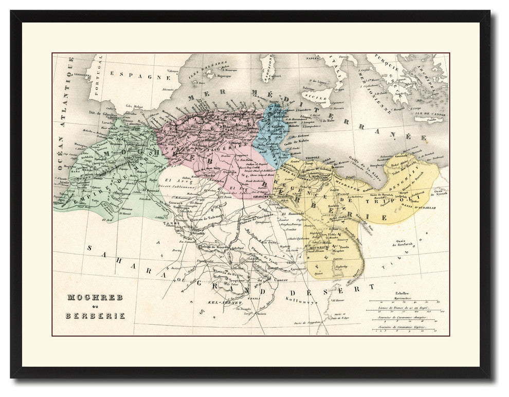 North Africa Barbary Coast Vintage Antique Map Wall Art, 28"x37"