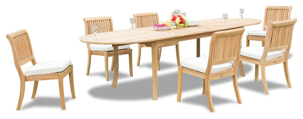 7-Piece Teak Dining Set, 117" Extension Oval Table, 6 Stacking Armless Chairs