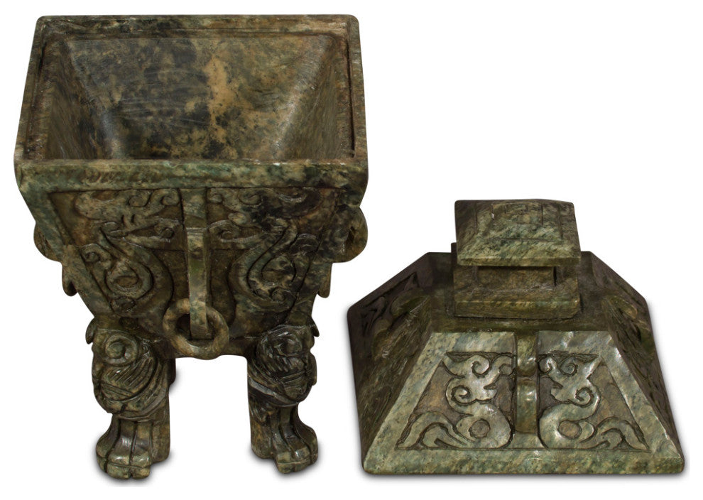 Hand Carved Geometric Jade Vessel with Removable Lid