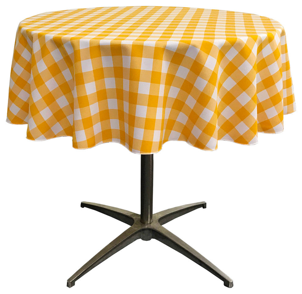LA Linen Round Gingham Checkered Tablecloth, White and Dark Yellow, 51" Round