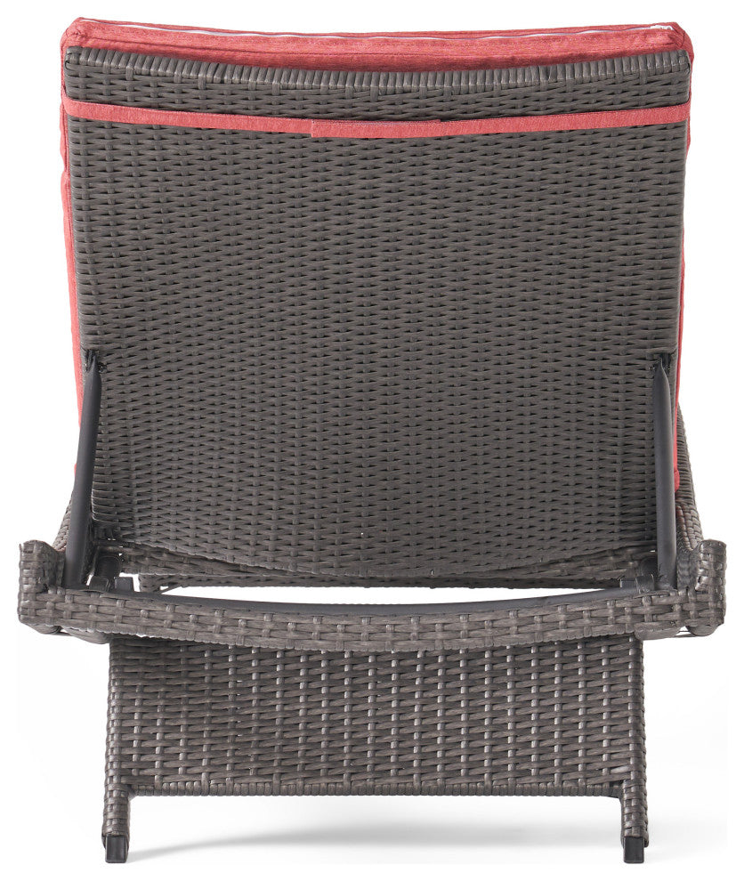 GDF Studio Nassau Outdoor Gray Wicker Chaise Lounge, Red Cushions, Set of 2