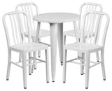 24" Round White Metal Indoor-Outdoor Table Set, 4 Vertical Slat Back Chairs