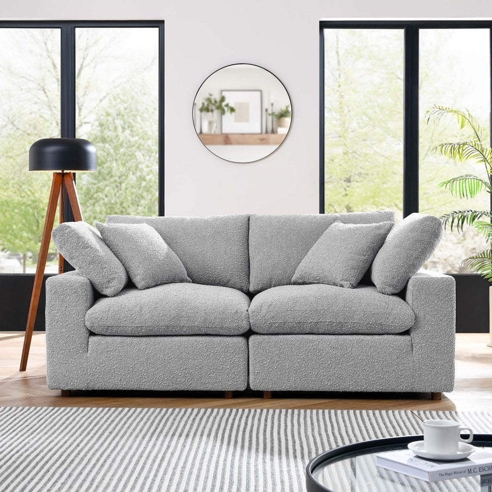 Commix Down Filled Overstuffed Boucle Fabric Loveseat, Light Gray