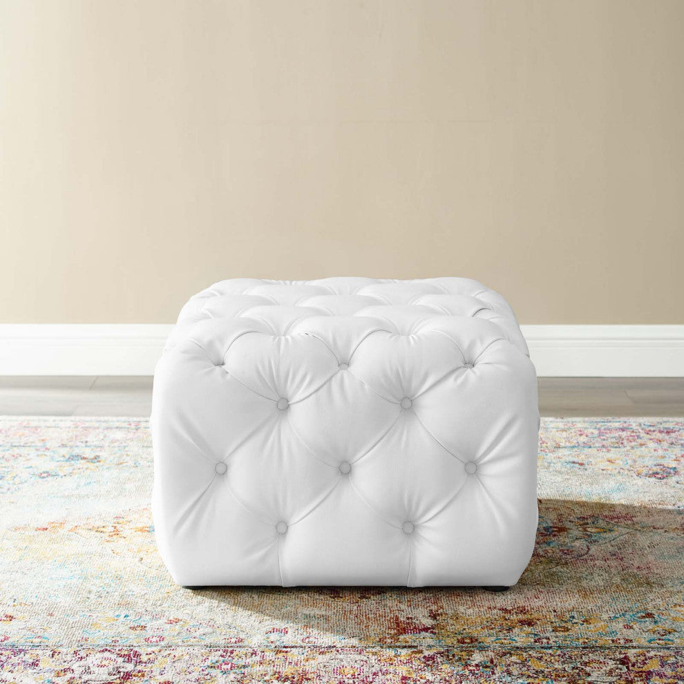 Tufted Accent Chair Ottoman, Square, Faux Leather, White, Modern, Lounge