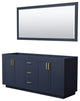 72" Double Bathroom Vanity, Dark Blue, No Countertop, Gold Trim, 70" Mirror