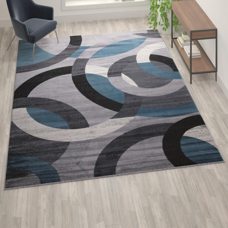 Harken Collection Geometric Olefin Area Rug with Jute Backing, Blue, 8' X 10'
