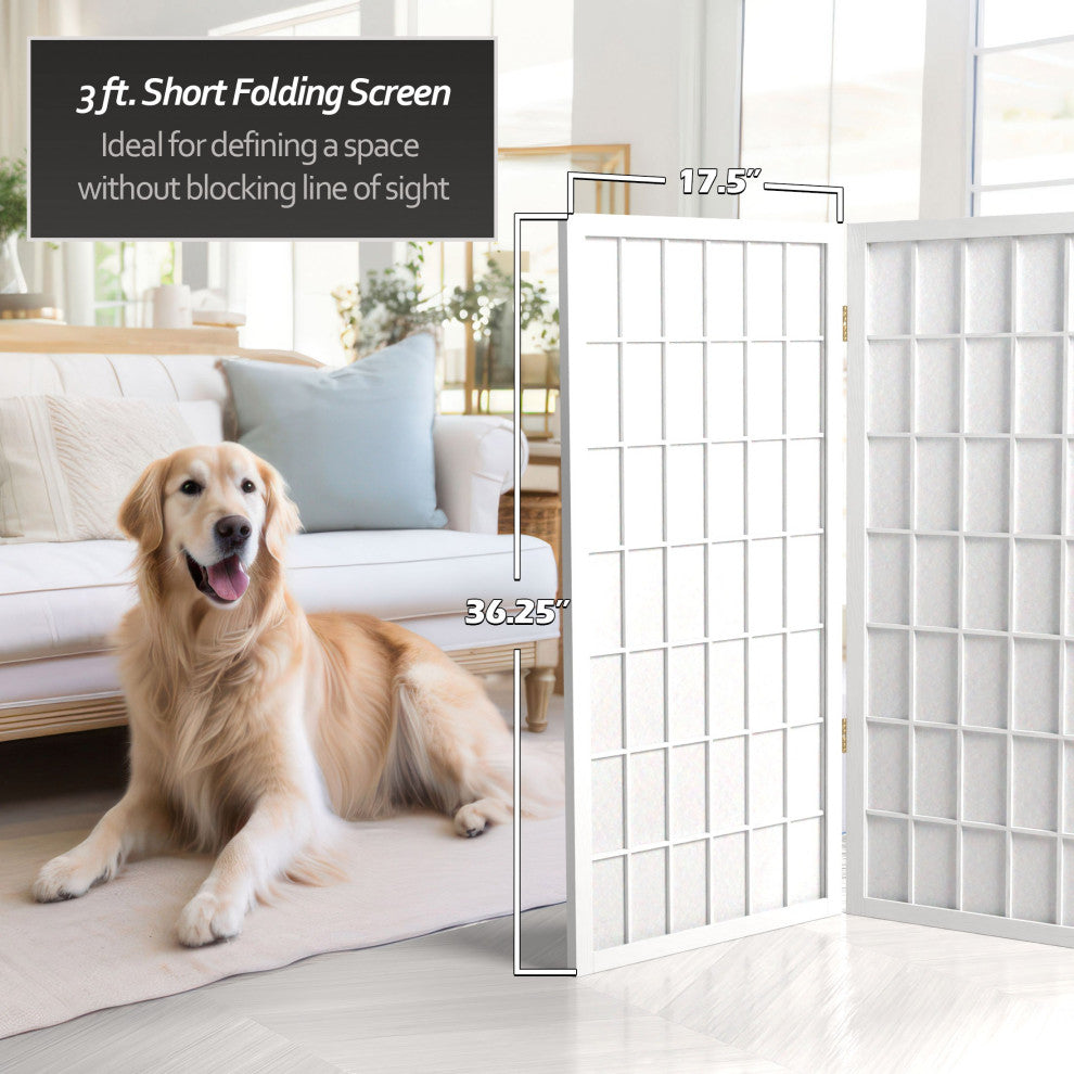 3' Tall Window Pane Shoji Screen, White, 5 Panels