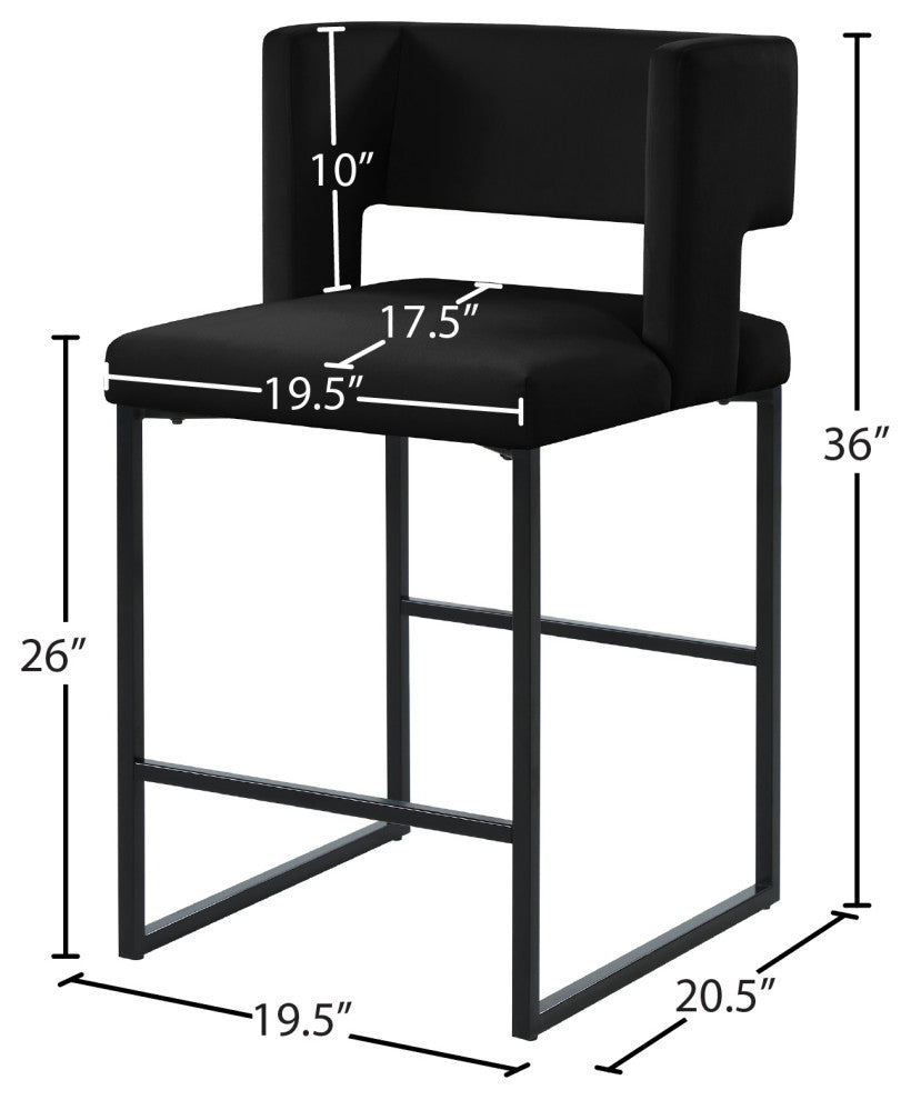 Caleb Upholstered Counter Stool, Set of 2, Black, Velvet, Matte Black
