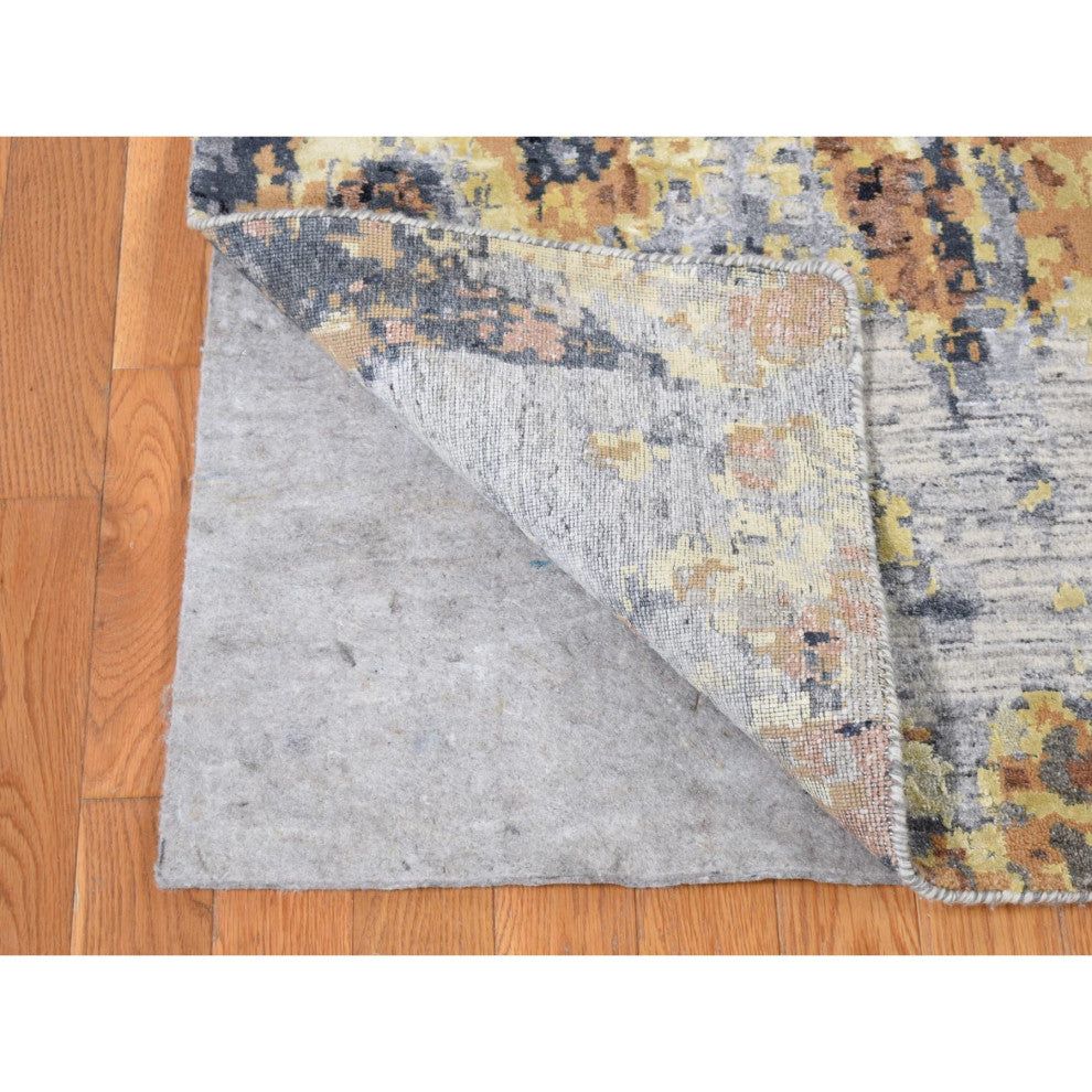 Sea Blue With Brown Fossil Design Wool and Silk Hand Knotted Rug, 10'x14'