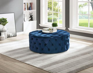 Modern Tufted Fabric Ottoman, Round, Navy Velvet