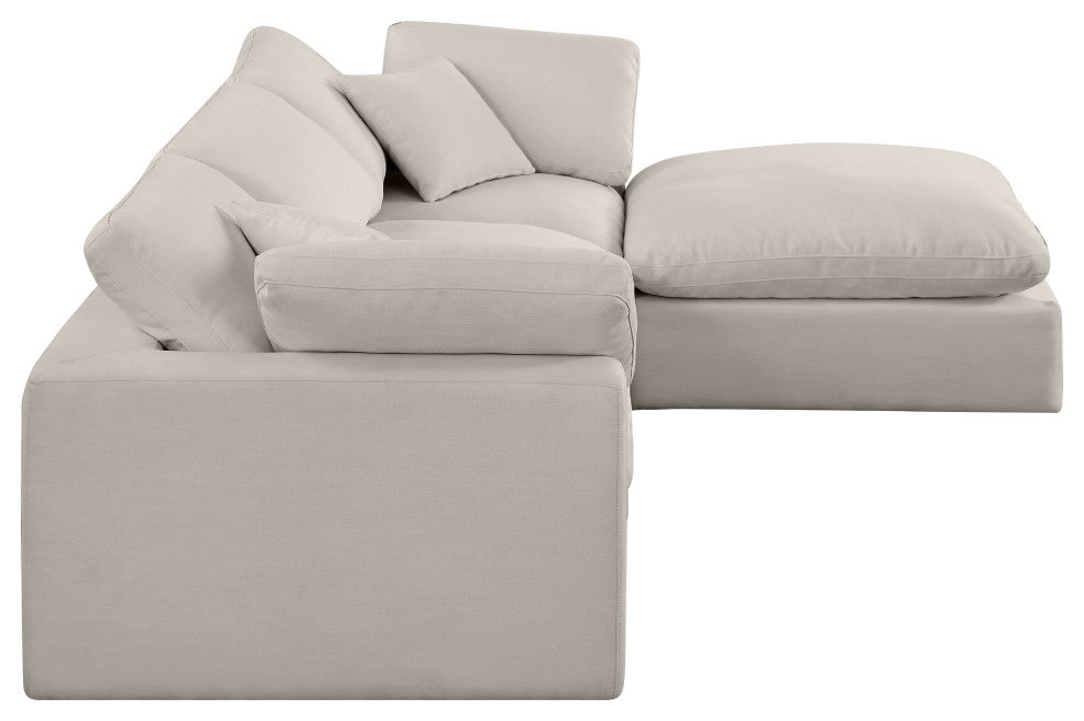 Comfy Upholstered L-Shaped Modular Sectional, Beige, 4-Piece: 1 Armless Chair, 2 Corner Chair, 1 Ottoman, Linen Textured Fabric