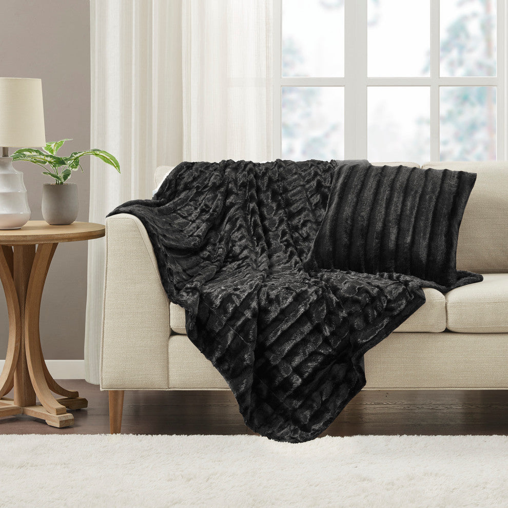 Madison Park Solid Stripe Plaited Brushed Long Fur Knitted Throw, Black