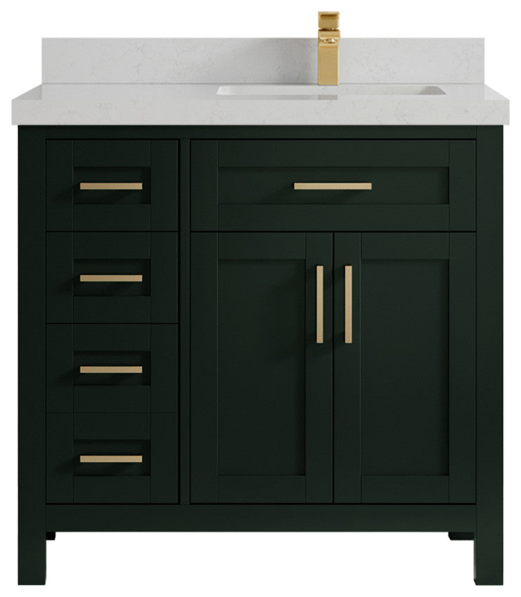 Cambridge 36 Right Offset Bath Vanity in Dark Forest Green 2" Carrara Quartz