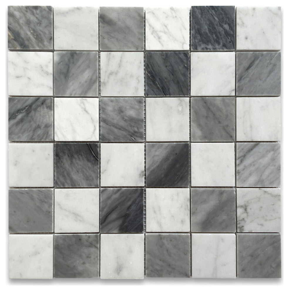 Carrara White Bardiglio Gray Marble Checkerboard Mosaic Tile Polished, 1 sheet