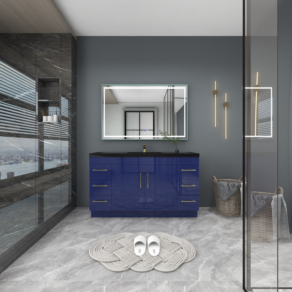 Rosa 60" Free Standing Modern Vanity, High Gloss Gray, Glossy White Top