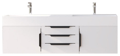 CastelloUSA Amazon 60" Wall Mounted Bathroom Vanity Set, White, White Top, Black Handles