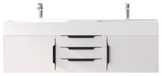 CastelloUSA Amazon 60" Wall Mounted Bathroom Vanity Set, White, White Top, Black Handles