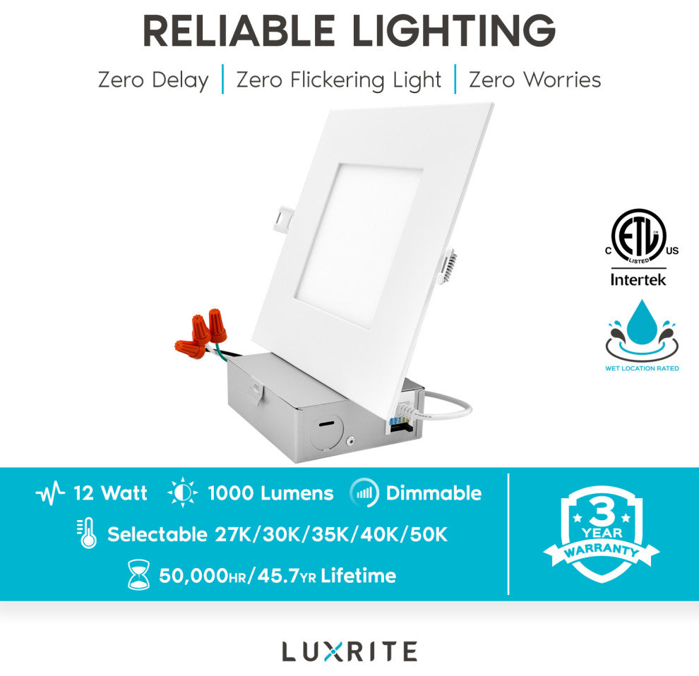 Luxrite 6" Ultra Thin Square LED Recessed Light 5 Color Option 16 Pack