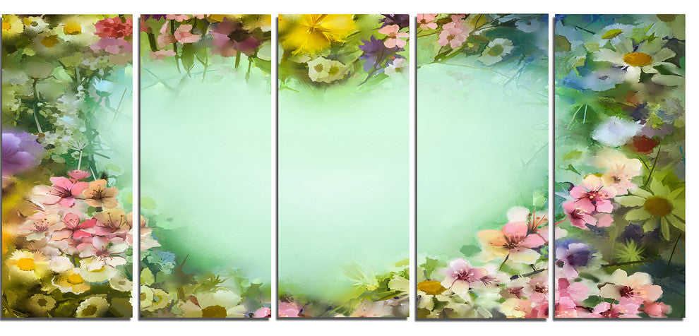 Vintage Flowers with Heart Shape, Large Floral Canvas Artwork, 60"x28", 5 Panels