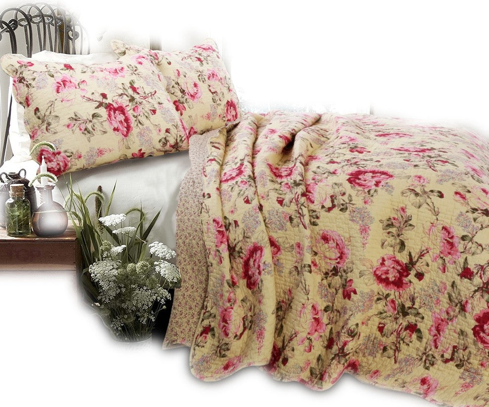 Lelia Pink Floral Print 100%Cotton 3-Piece Quilt Set, Full/Queen Set