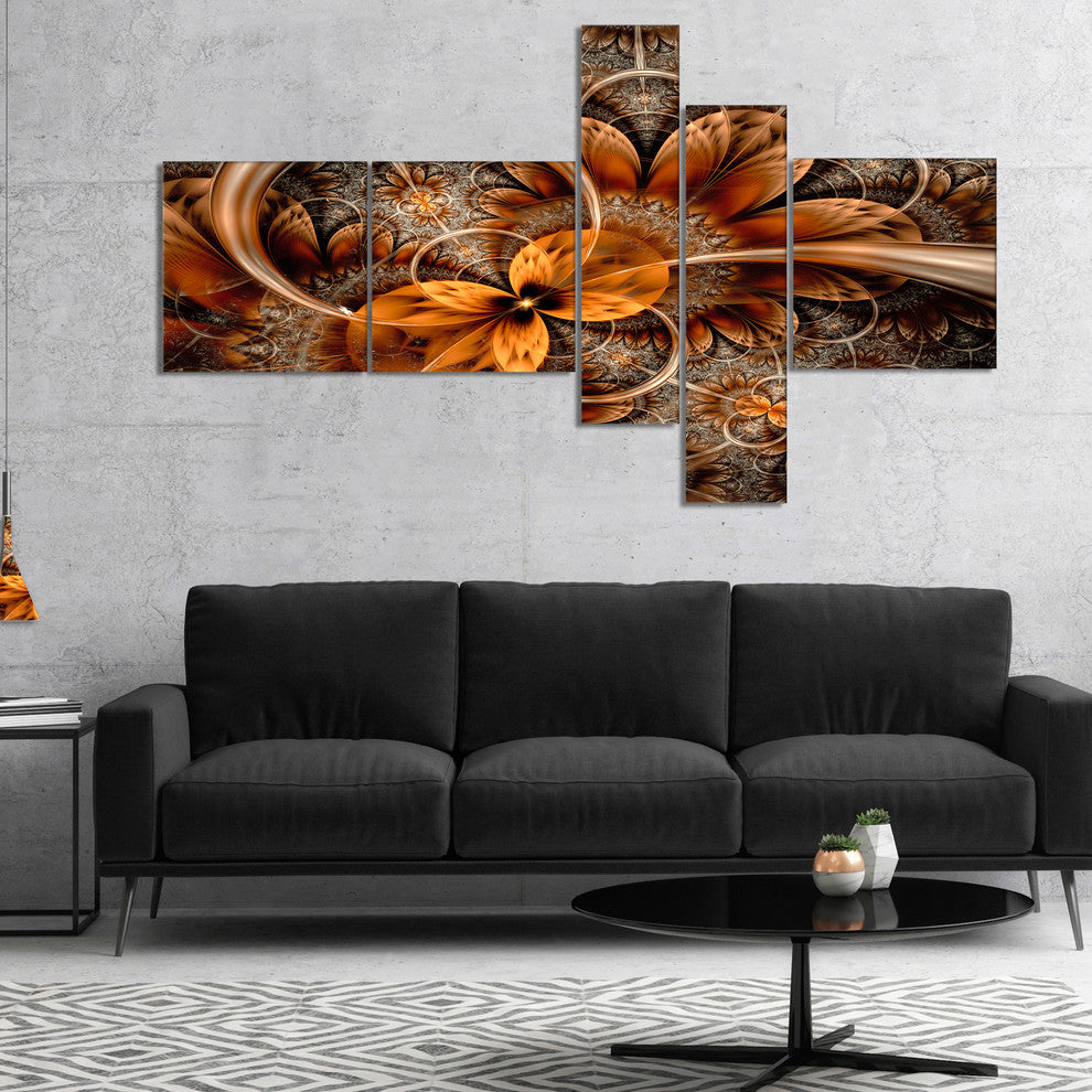 Dark Orange Fractal Flower, Abstract Canvas Art Print, 60"x32", 5 panels