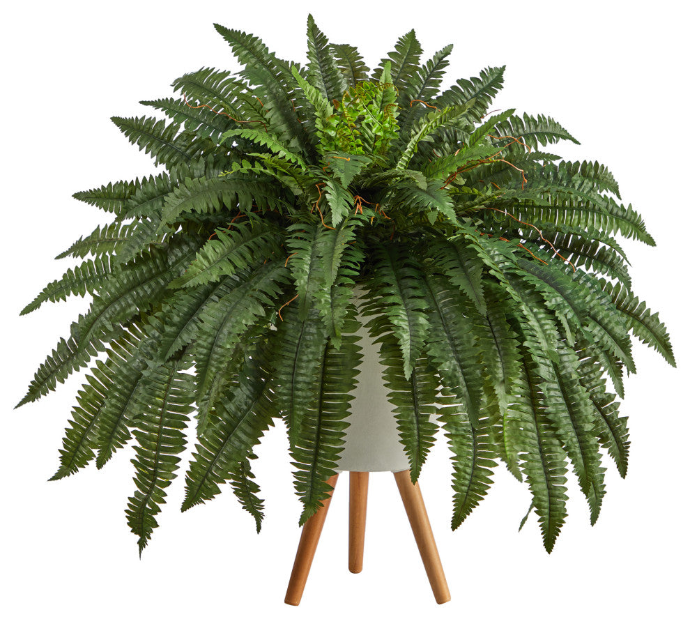 2.5' Boston Fern Artificial Plant, White Planter With Legs