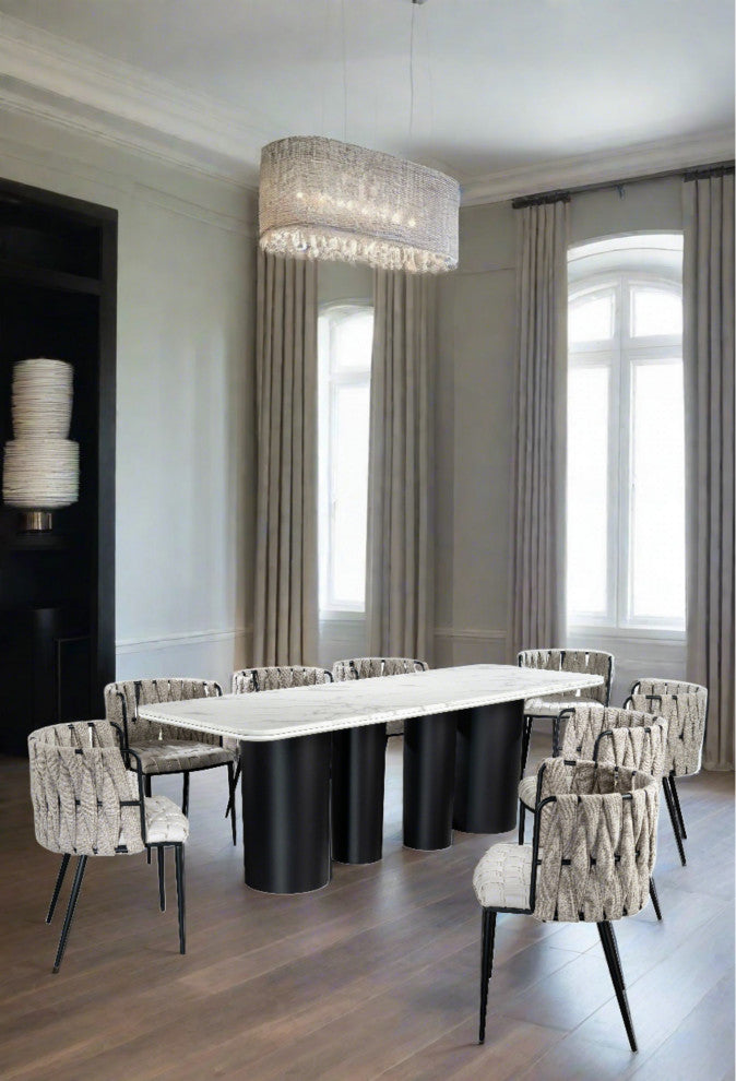 Balmain Marble Top Dining Set for 8, Off White Chairs