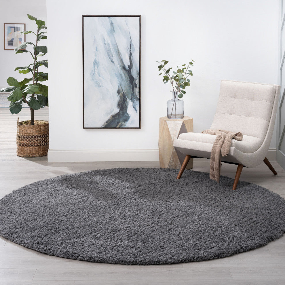 Alana Transitional Solid Shag Gray Round Area Rug, 8' Round