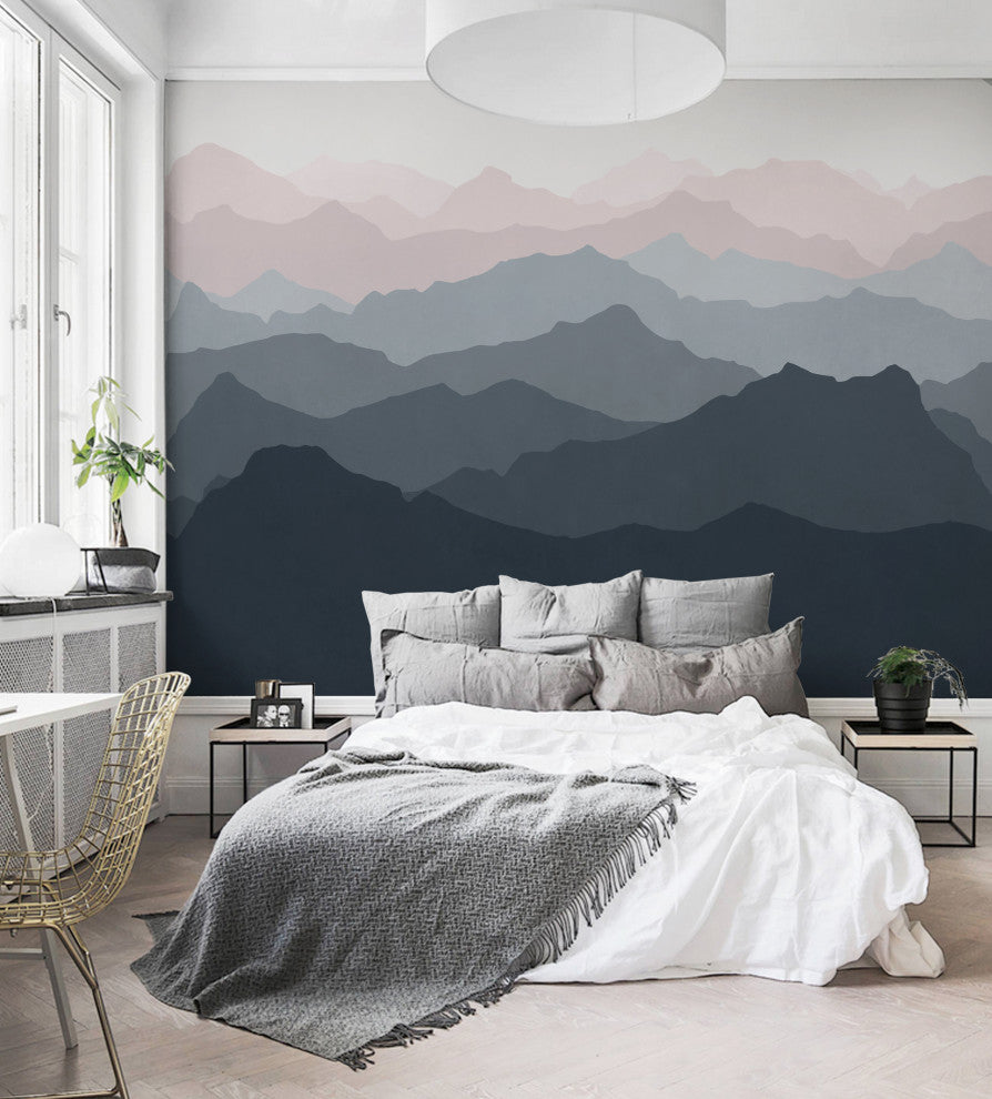 Mountain Mural Wall Art Peel and Stick Vinyl Wallpaper, Navy/Pale Pink, 24"x96"